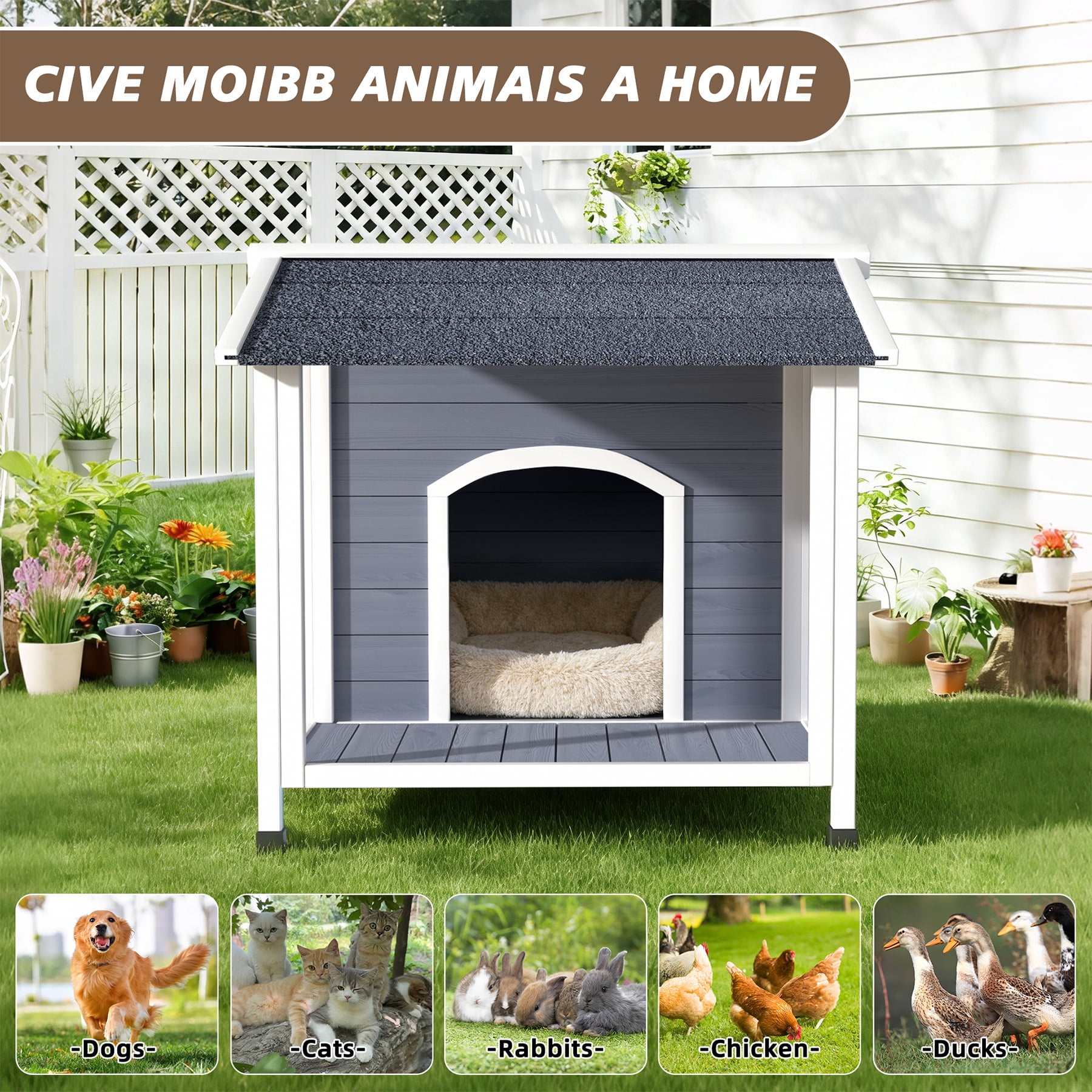 Outdoor Dog House, Weatherproof Wooden Dog Shelter with Asphalt Roof, Raised Floor Design, Easy Assembly, for Small to Medium Dogs
