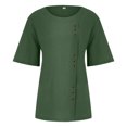 thumbnail image 4 of Pincandy Womens Summer Casual Solid Color Round Neck Short Sleeve Tops Buttons Blouses Summer Vacation Beach Fashion Solid Linen Tops Casual Blouses Western Wear,Army Green,3XL, 4 of 5