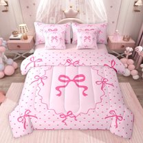 jejeloiu Girl Cartoon Love 7-Piece Bedding Comforter Set,Pink Bowknot Pattern King Bedding Sets For Kids Reversible