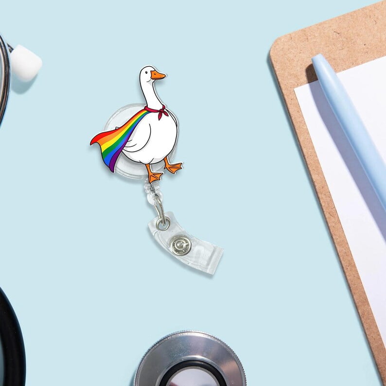 TiniDecor Rainbow Goose Badge Reel, Retractable ID Holder, Cute Pride Gift for Nurse, Teacher