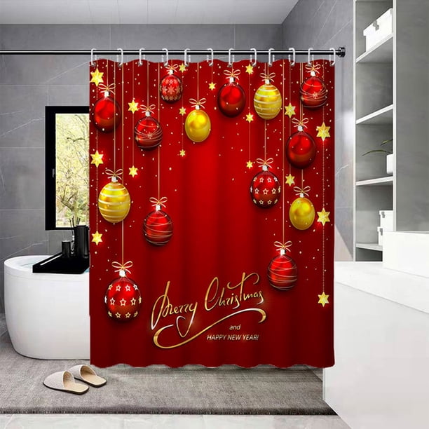 Cortina de Ducha con Copos de Nieve Rojos Navideños, Incluye 12 Ganchos. Decoración Navideña con Efecto Bokeh Brillante para Baño o Bañera. Fácil de Cuidar. Tela de Poliéster Lavable.