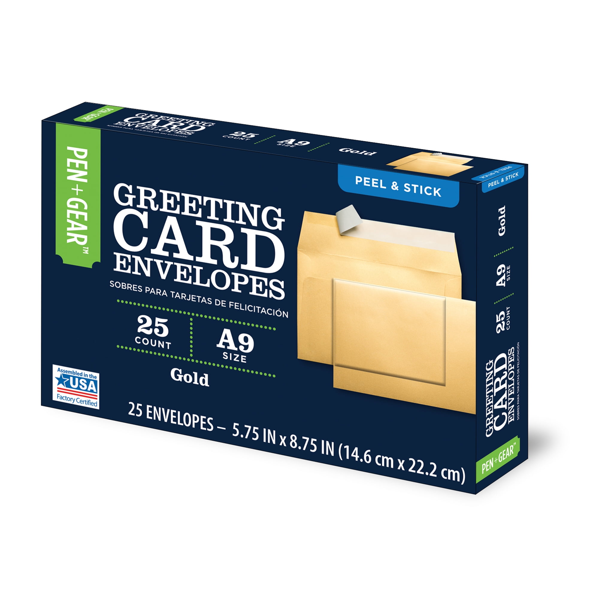 Pen+Gear Greeting Card Envelopes, A9, Gold, Peel & Stick, 25 Count
