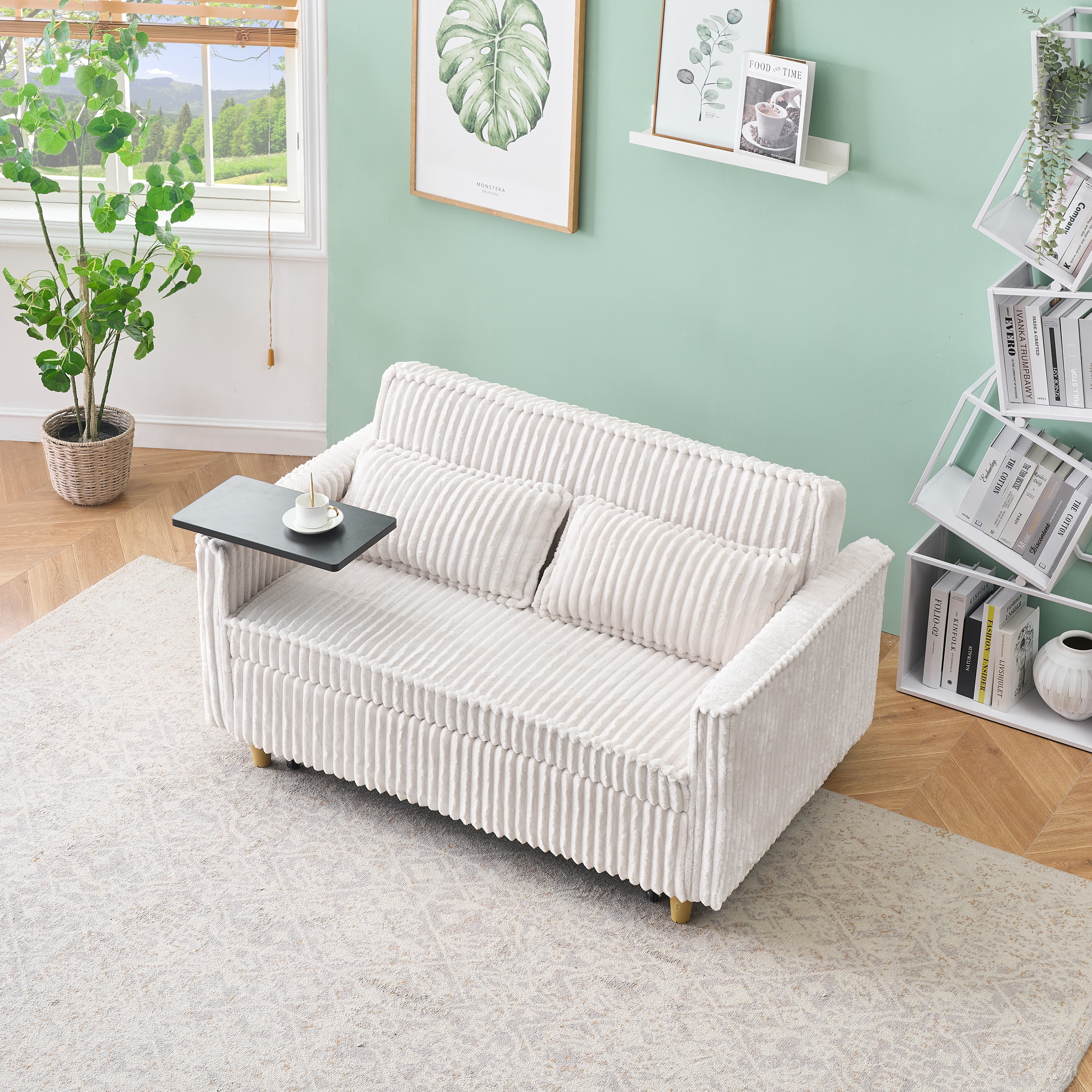 MAYEERTY 54" Pull Out Corduroy Sofa Bed with a Movable Tabletop and USB Ports, Loveseat Sleeper for Apartment, Living Room, Small Space, Beige
