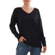 thumbnail image 1 of Suéter de punto de manga larga con escote en V y aberturas laterales: top casual de color puro para mujer, negro, mediano, 1 of 6