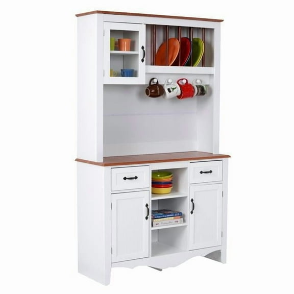 OS Home & Office Furniture Countryside Buffet & Hutch, Crisp White with Warm Pine Tops