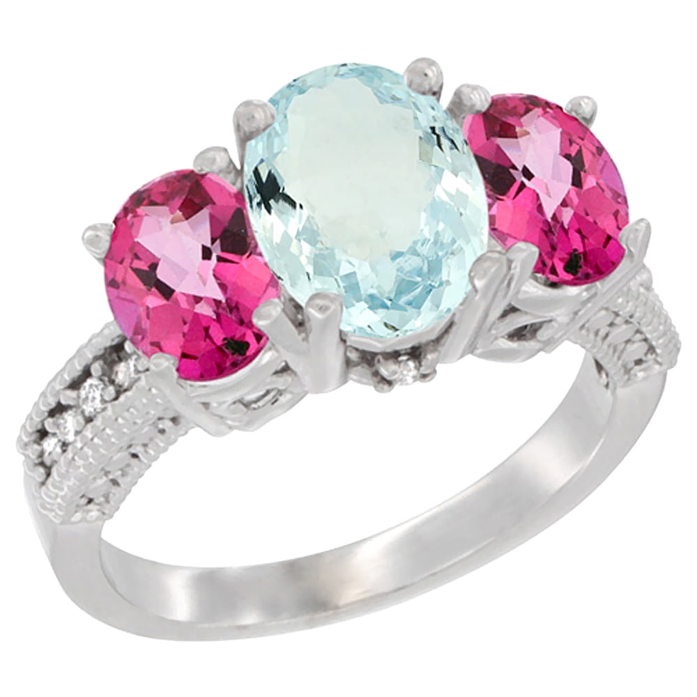 14K White Gold Diamond Natural Aquamarine Ring 3-Stone Oval 8x6mm with Pink Topaz, sizes5-10 by WorldJewels