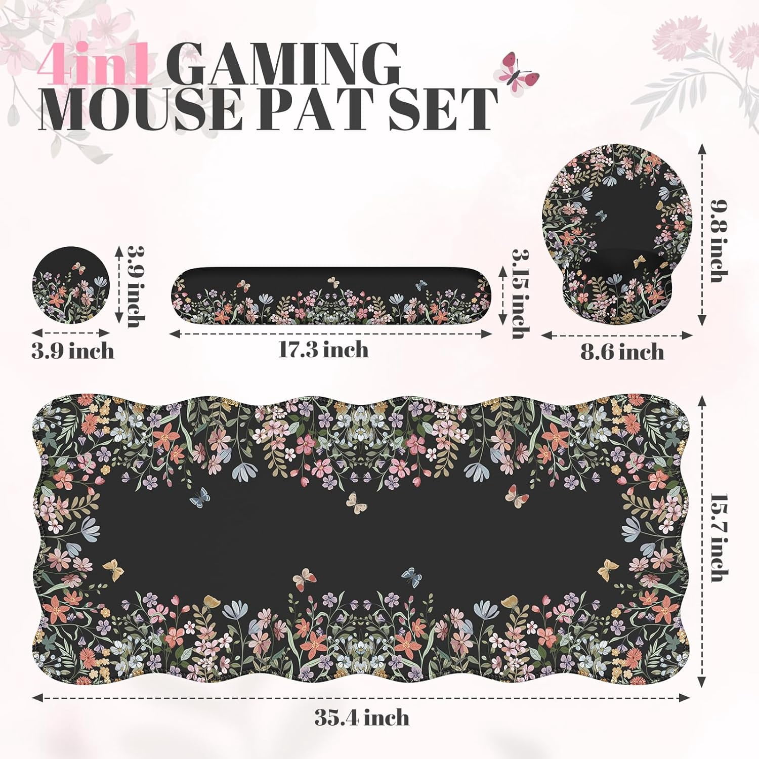 Desk Mat Set,Large Mouse Pad with Wrist Rest,Ergonomic Keyboard Wrist Support for Women,Girly Floral Computer Mat with Scalloped Edges,Non-Slip Desk Pad Home Office Gaming (Black)