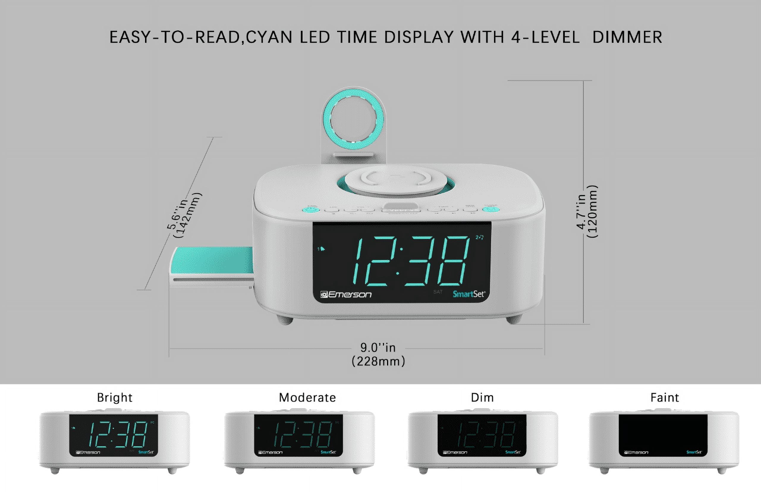 Emerson SmartSet Multiple Wireless Charging, Dual Alarm FM Clock Radio with Bluetooth, Dual USB Charging, 1.2" Cyan LED Display and Décor, CKSW5010