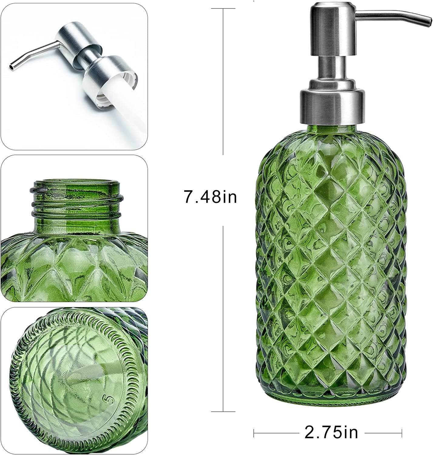 AIGIA Pump Soap Dispenser Bottle, 13.5oz Hand Soap Dispenser with Stainless Steel Pump,Refillable Liquid Glass Soap Dispenser Empty for Kitchen, Bathroom Countertop