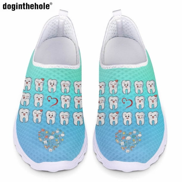 Doginthehole - Zapatos planos informales con estampado de dientes de dibujos animados para mujer, cómodos y transpirables, de malla, para hospital y enfermería