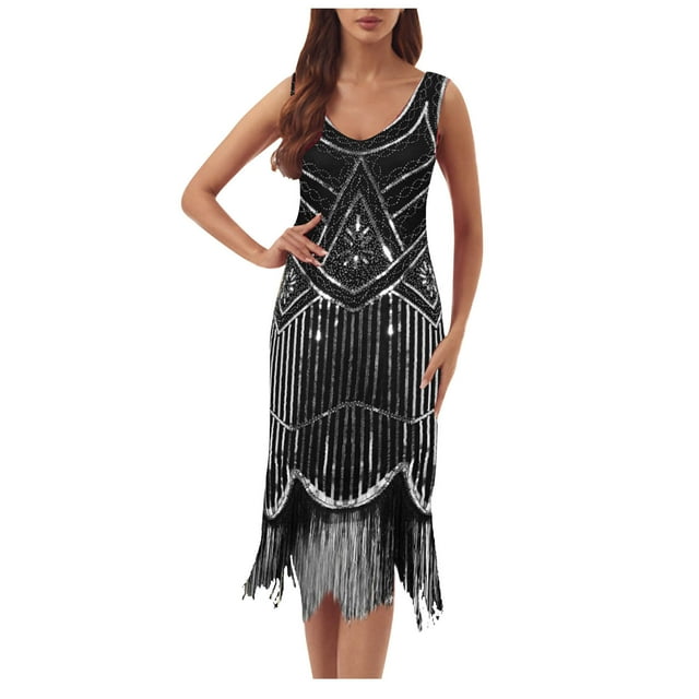 zanvin Robes d'Été, Robe à Franges à Paillettes Sans Manches à Col Rond pour Femmes pour le Printemps et l'Été, Robe de Fête, Banquet, Danse, Robe Courte