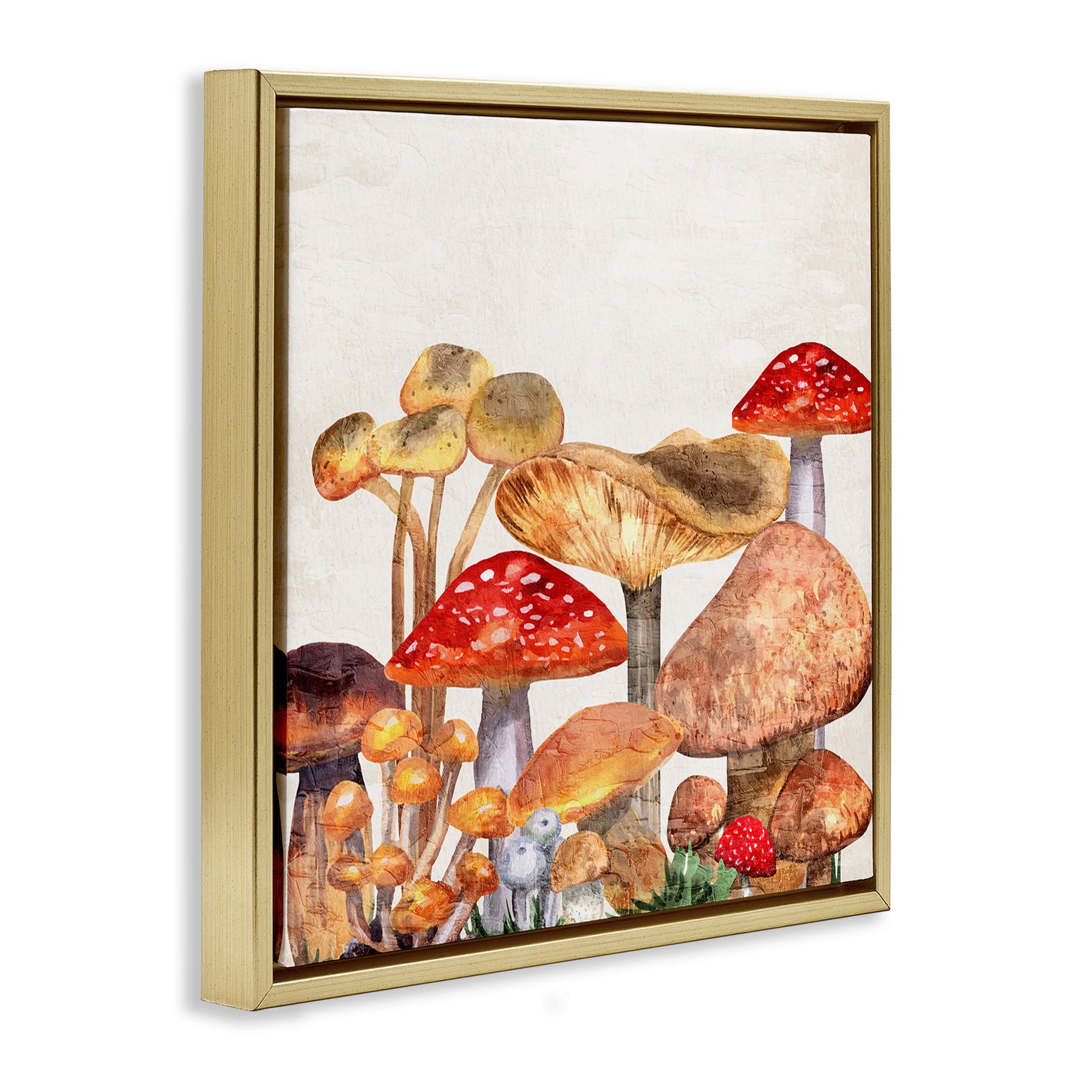 Stupell Industries Rustic Woodland Mushrooms Botanical & Floral Painting Gold Floater Framed Canvas Art Print Wall Art, 18 x 18