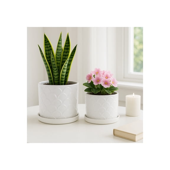 Decorative Scallop Design Planters - Plant Pots with Saucers for Indoor and Outdoor Plants, Succulents, or Herbs - Stylish Flower Pots for Home Decor or Plant Stand Indoor - Set of 2, 10", 9", White