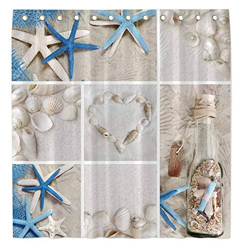 72x72'' Shells starfish Bathroom Waterproof Fabric Shower Curtain & 12 Hooks 