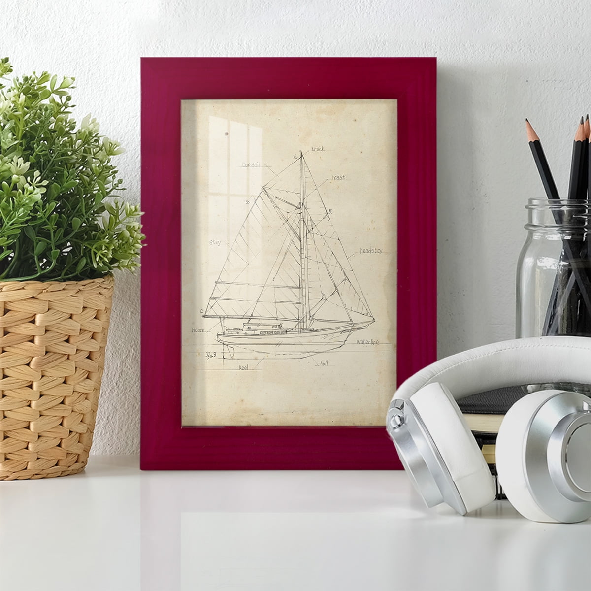 Sailboat Blueprint III -Framed Print w/glass-Cherry Red