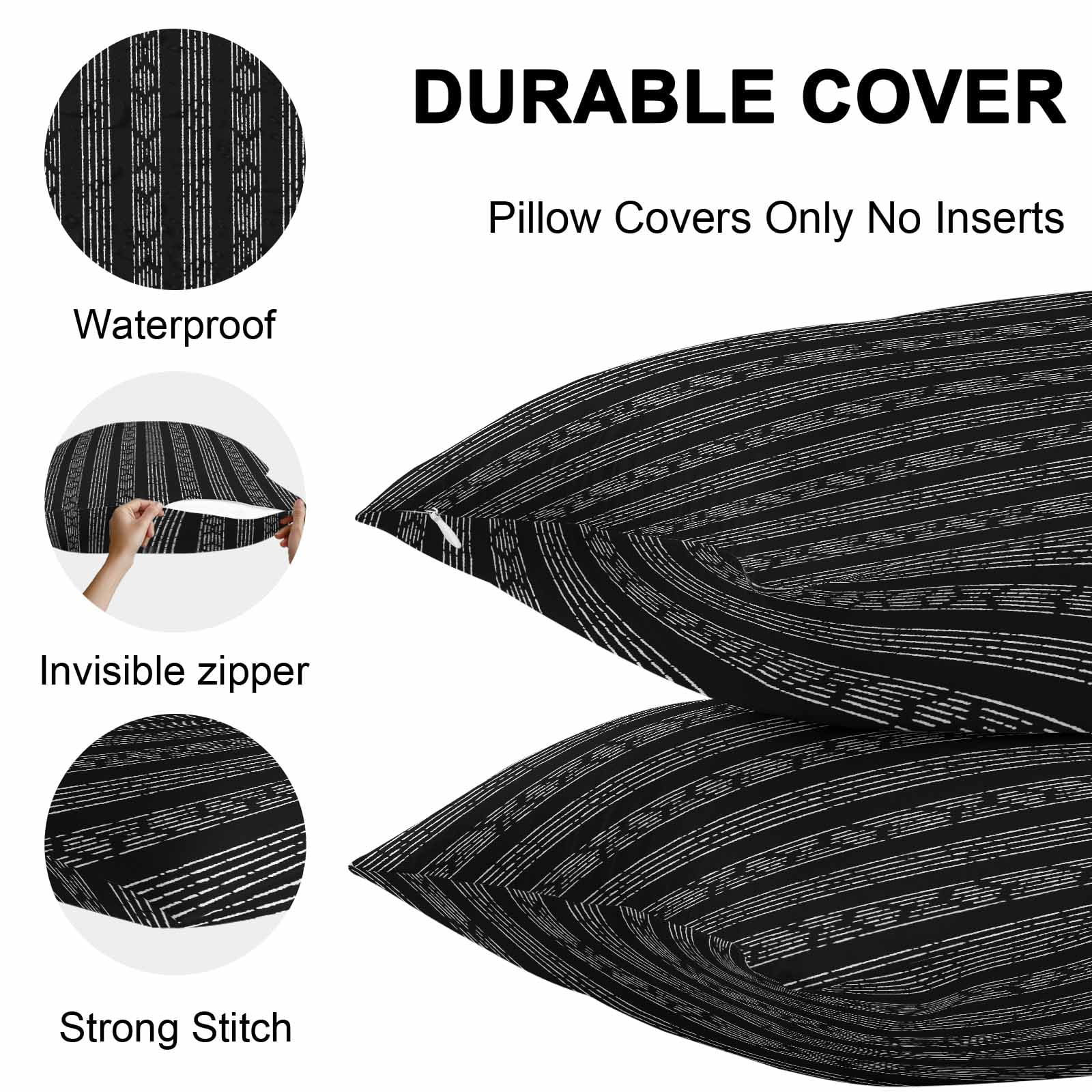 Outdoor Waterproof Throw Pillow Covers Set of 2 Black Boho Decorative Pillowcases Lumbar Outdoor Pillows Cushion Case 20x12 Inch Bohemian Style Stripes Patio Pillows for Couch Sofa Bed Garden