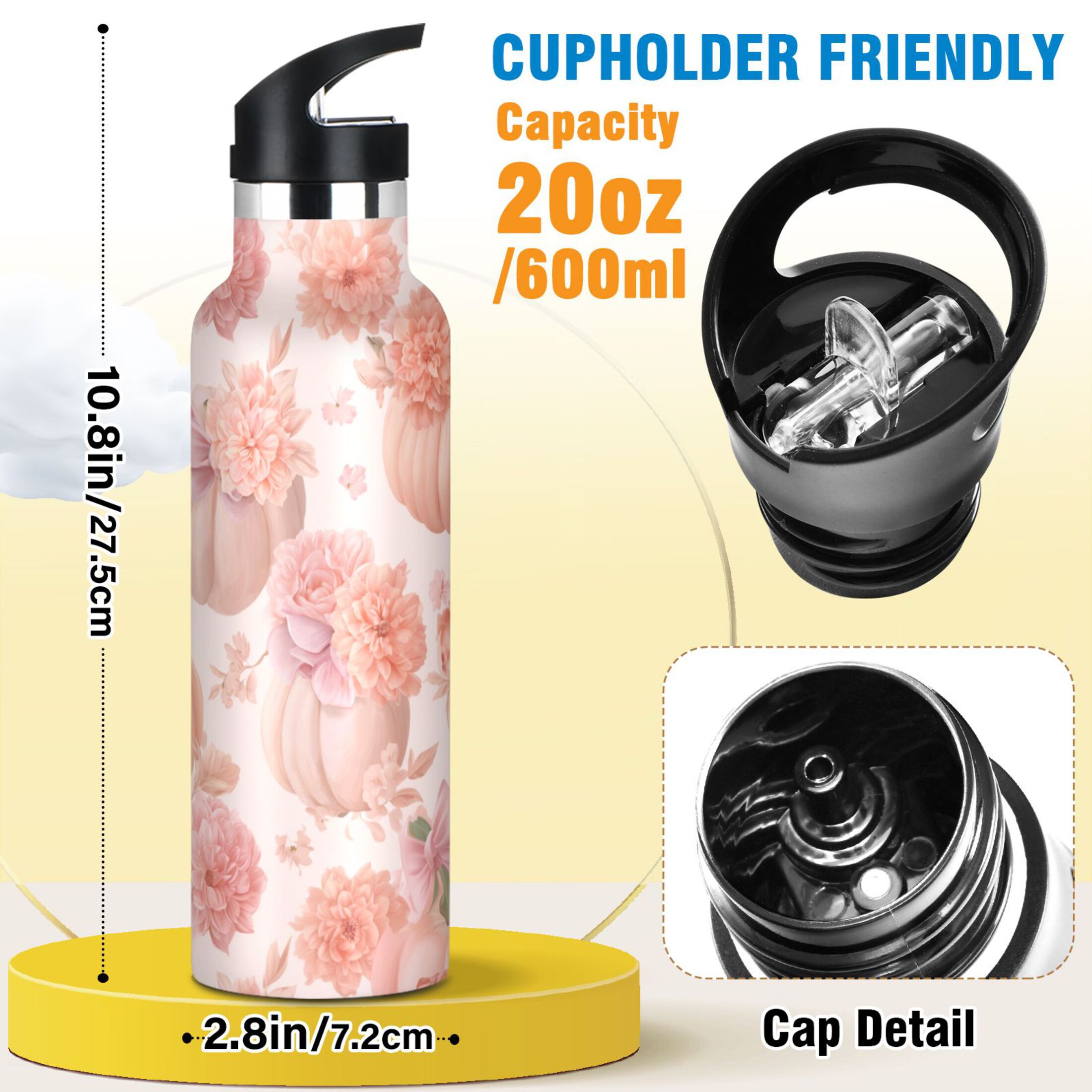 Kids Insulated Stainless Steel Sports Water Bottle 600ml (20oz) Pastel Pink Pumpkins