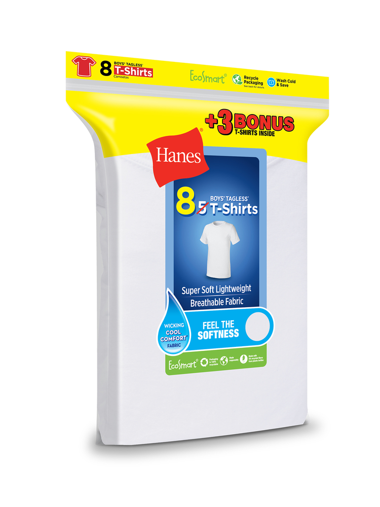 Hanes Boys Undershirts, 5 + 3 Bonus Pack Tagless EcoSmart White Crew Undershirts, Sizes S-XL - image 2 of 7