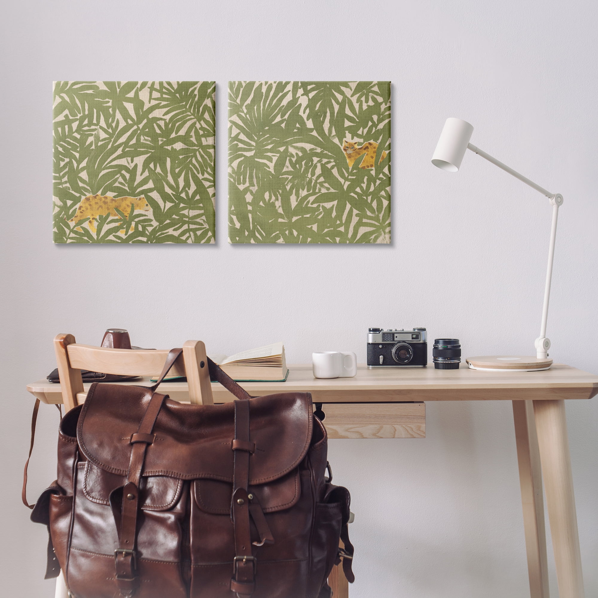 Stupell Industries Hunting Jungle Cat Plants & Flowers Painting Wrapped Canvas Art Print Wall Art, 17 x 17, Set of 2