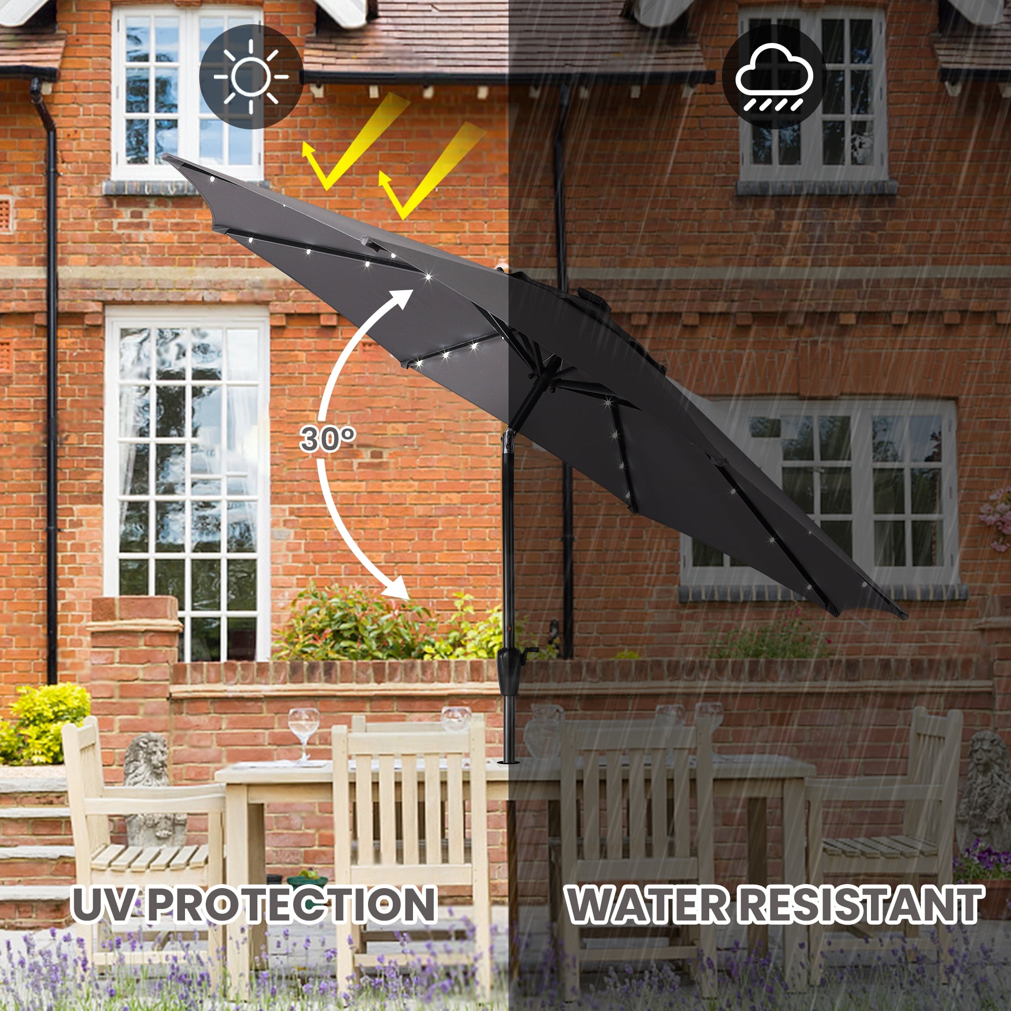 Sun-Ray 9 FT 32 LED Patio Solar Umbrella w/ Push Button Tilt and Crank Outdoor Umbrella, 8 Sturdy Ribs, UV Protection, Solution-Dyed Fabric, Grey