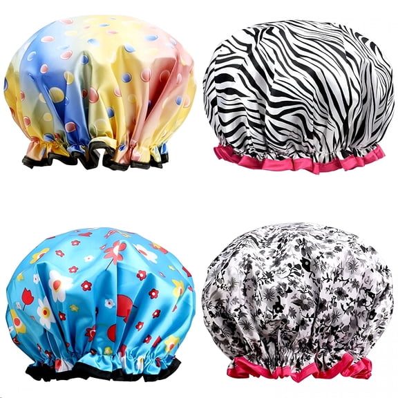 TELOLY Shower Caps,4 PACK Extra Large Bath Caps Great for all Hair Lengths and Thicknesses-Waterproof-Double Layer