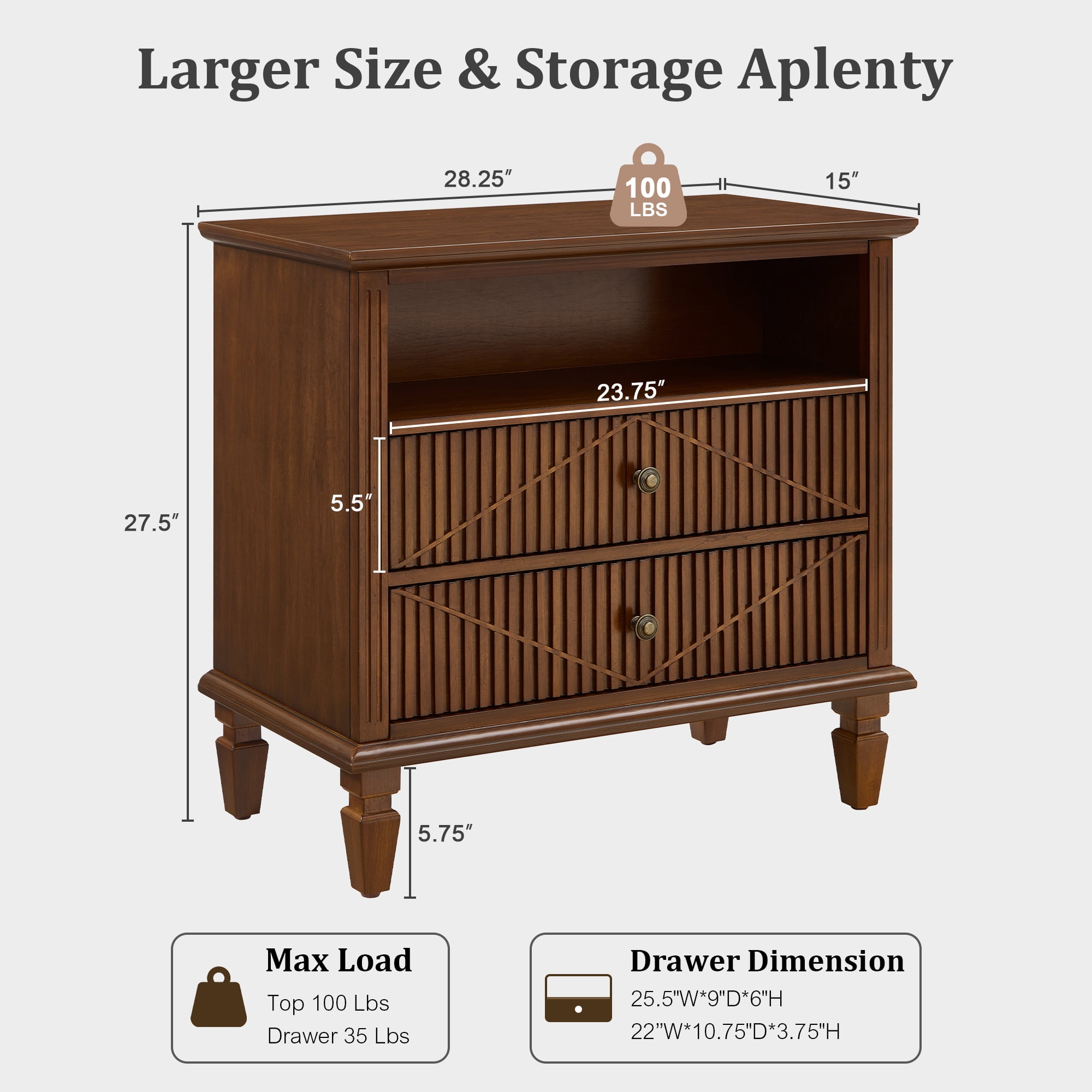 GARITIN Farmhouse Nightstand with Charging Station, 2-Drawer Engineered Wood Storage Cabinet, Bedside Table for Bedroom Guest Room, Walnut