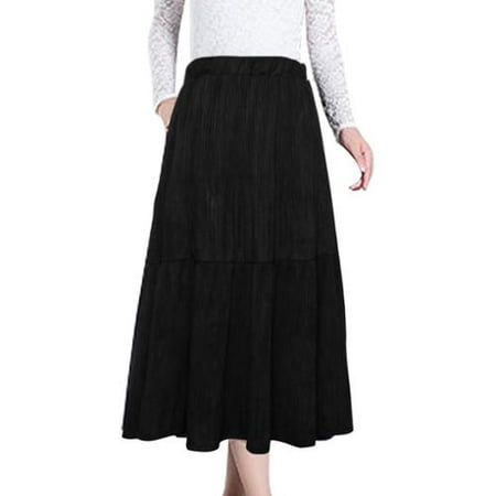Allegra K - Women Elastic Waist Flare Mid-Calf Pleated Skirt Black XS ...