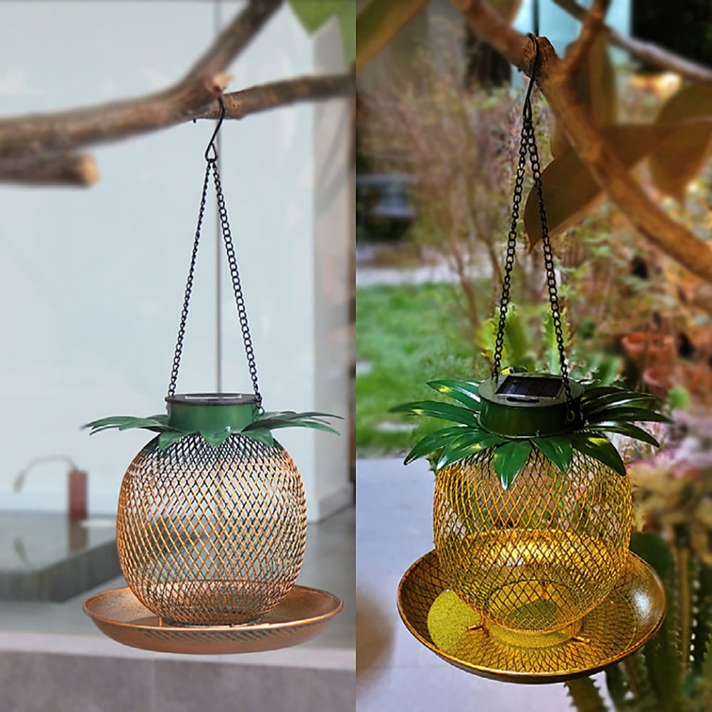 Solar Pineapple Shape Bird Feeder with LED Weather Resistance Hanging Design Metal Bird Food Container Outdoors Hanging Garden Yard Backyard Terrace Decoration