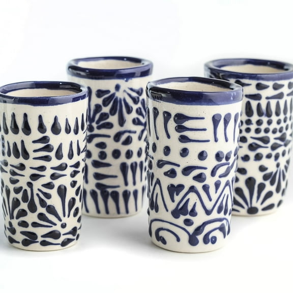 MEXTEQUIL Talavera Blue Ceramic Mexican Tequila Shot Glasses, 2 oz, Set of 4