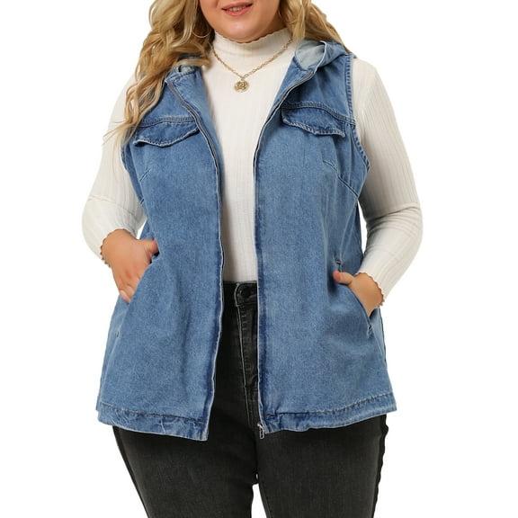 Agnes Orinda Women's Plus Size Fall Zipper Up Denim Sleeveless Hoodie Jacket
