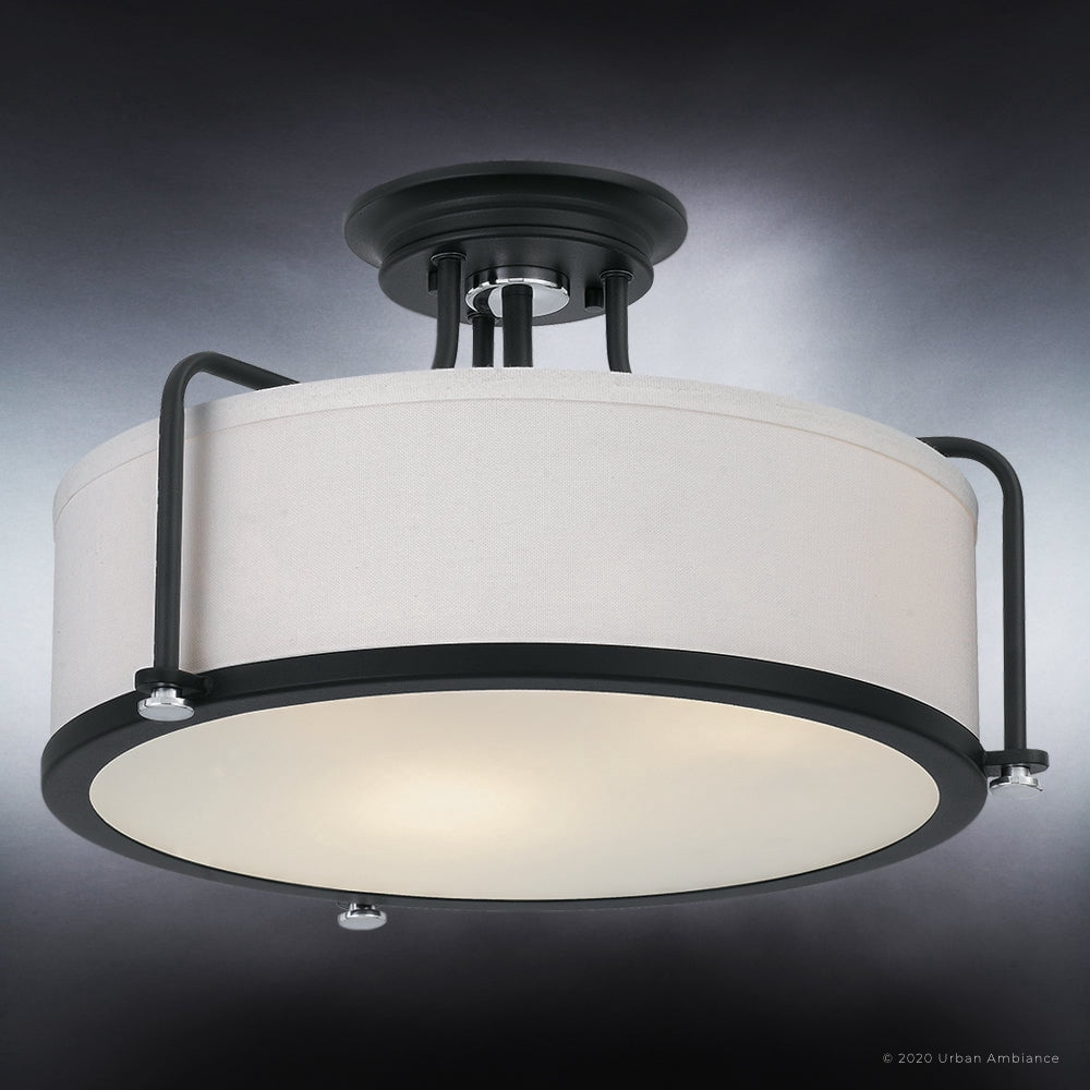 Luxury Minimalist Indoor Ceiling Light, 10.50''H x 17.50''W, with Modern Style Elements, Art Deco Design, Natural Black Finish and Eggshell Fabric, UQL3771
