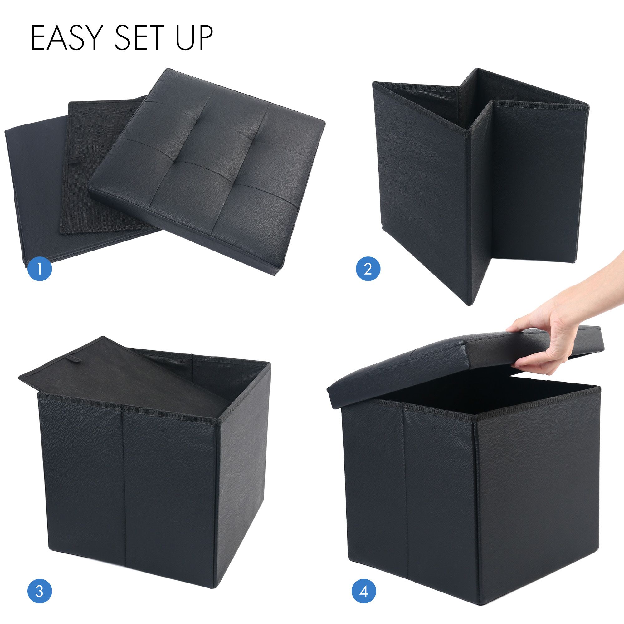 Lotfancy 13" Faux Leather Storage Ottoman Cube, Black photo 3