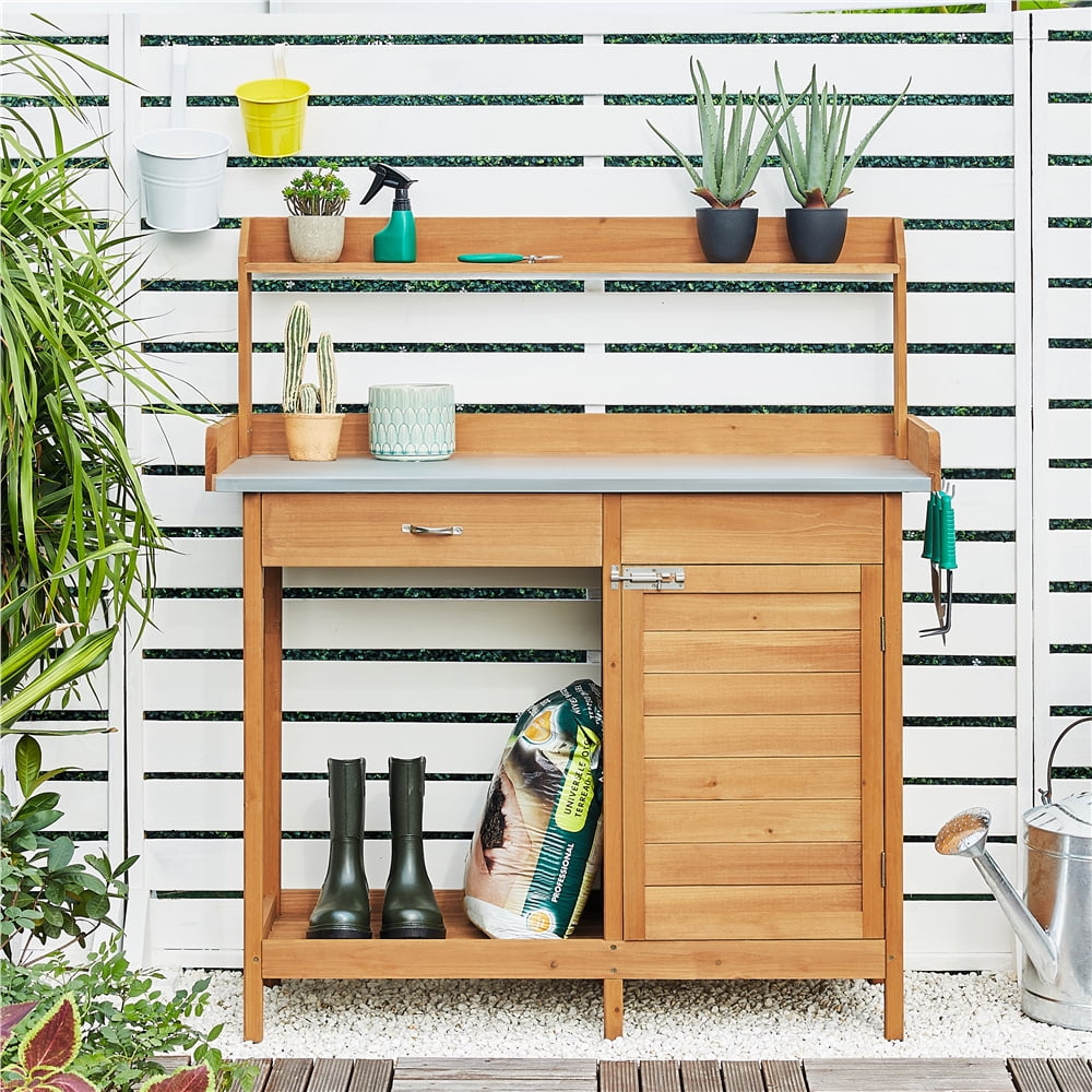 Renwick Outdoor Garden Potting Bench with Cabinet & Open Shelf, Wood
