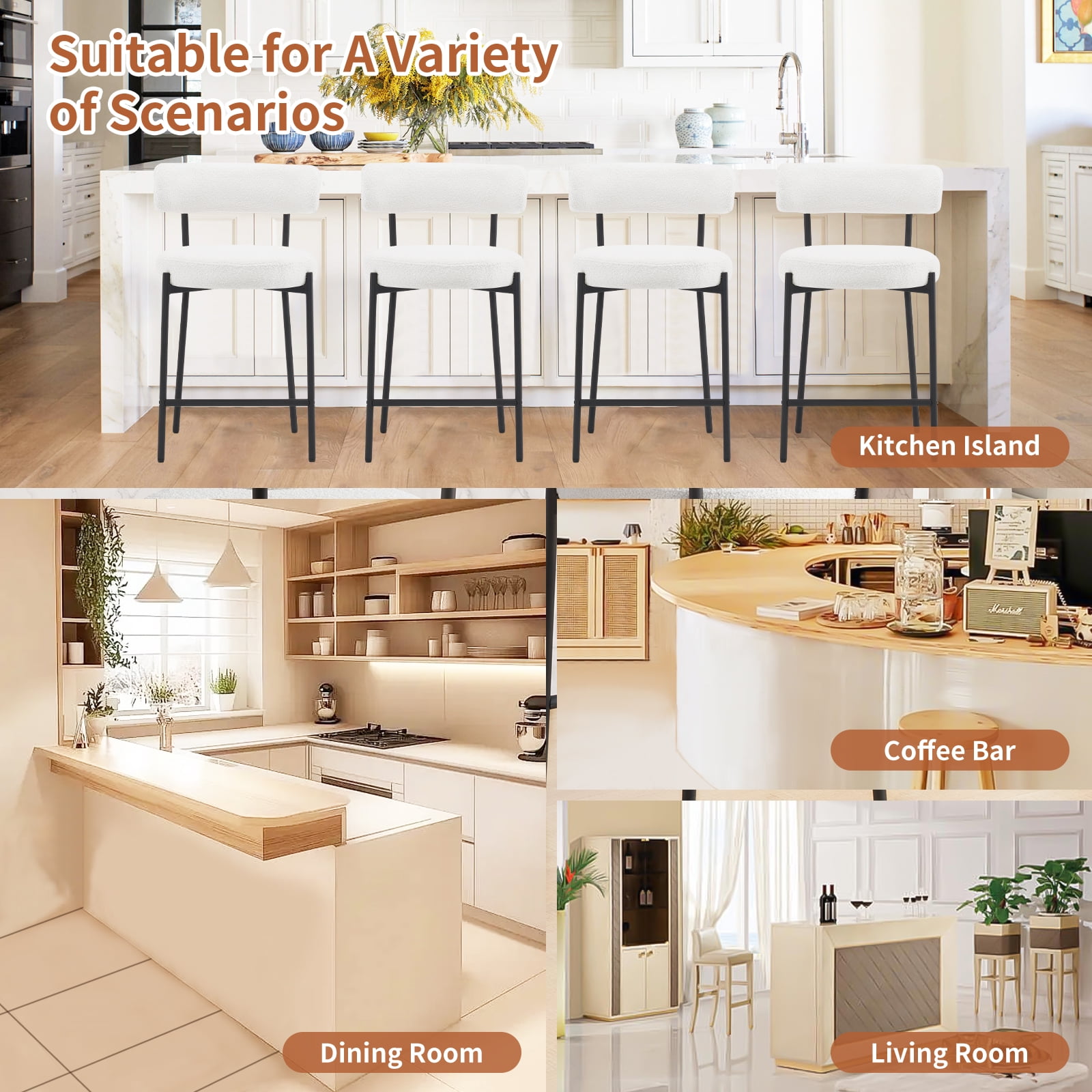 Furniliving Bar Stools Set of 2, Modern Counter Height Bar Stools with Back, Upholstered Bar Height Barstools for Kitchen Counter/Home Bar/Dining Room, White