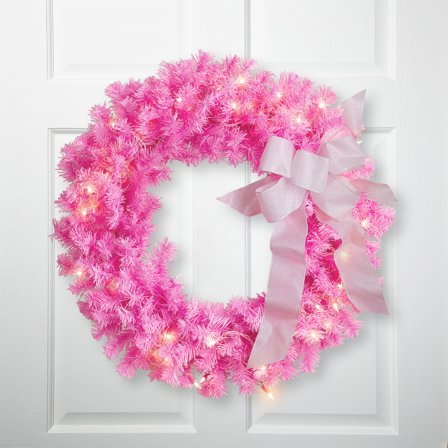Northlight Pre-Lit Artificial Pine Christmas Wreath - 24" - Pink- Clear Lights
