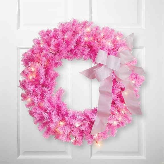 Northlight Pre-Lit Artificial Pine Christmas Wreath - 24" - Pink- Clear Lights