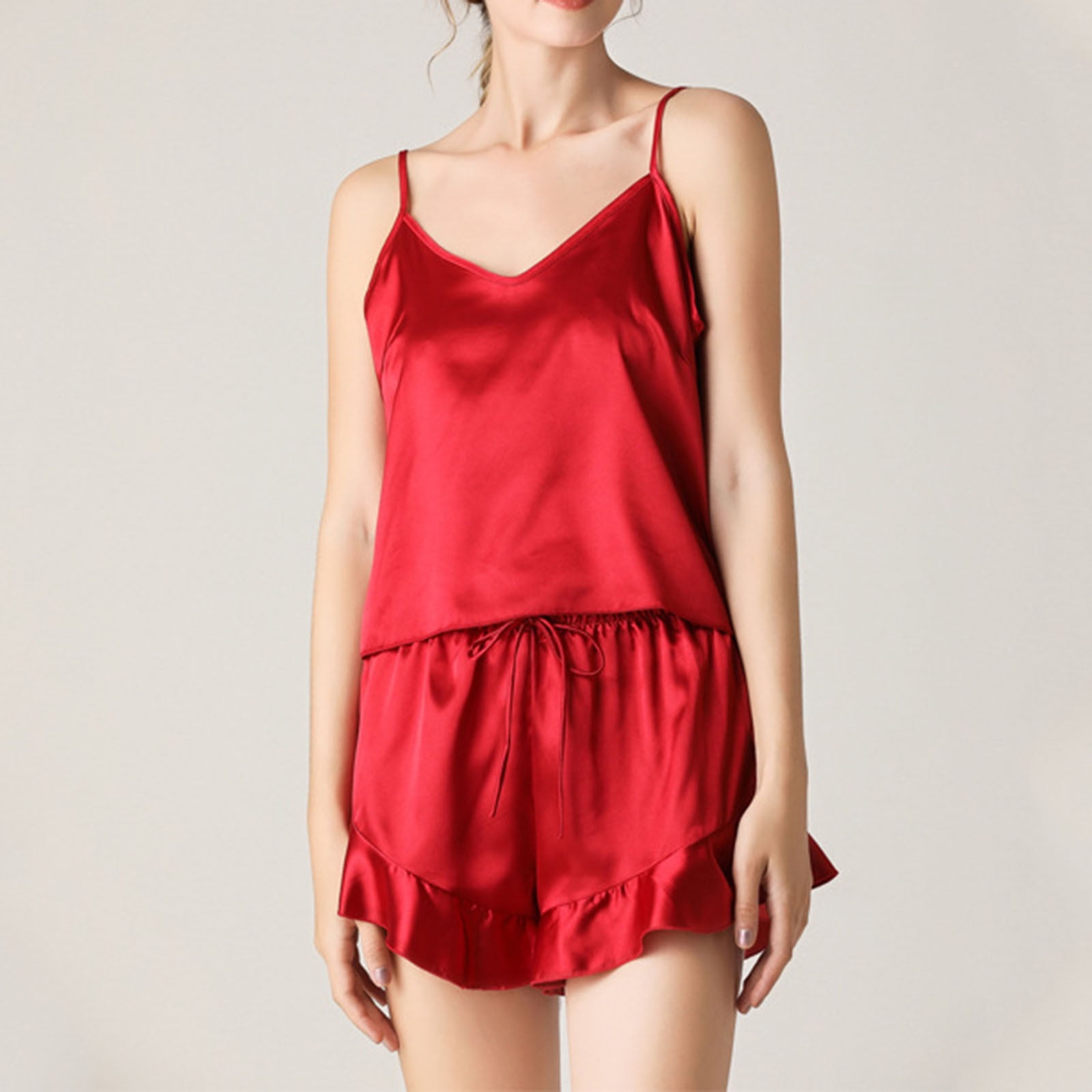 LSLJS Women s Imitation Silk Pajamas Silk V Neck Suspender Shorts Two piece Solid Color Pajamas Sexy Fashion Home Clothes Suit Sexy Night Gowns for Woman Walmart