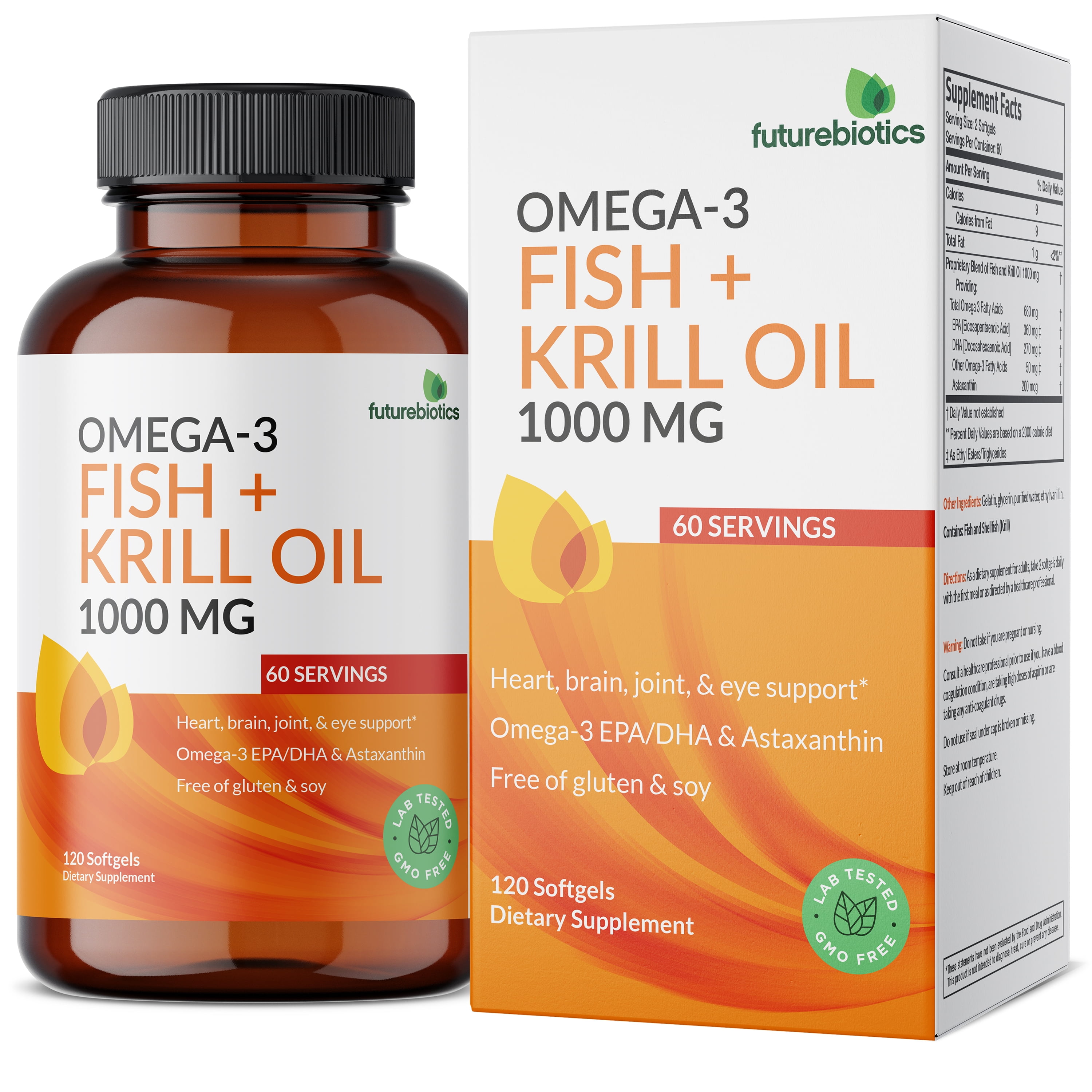 Futurebiotics Omega-3 Fish + Krill Oil Heart Health, 1000 MG, Non- GMO 120 Softgels
