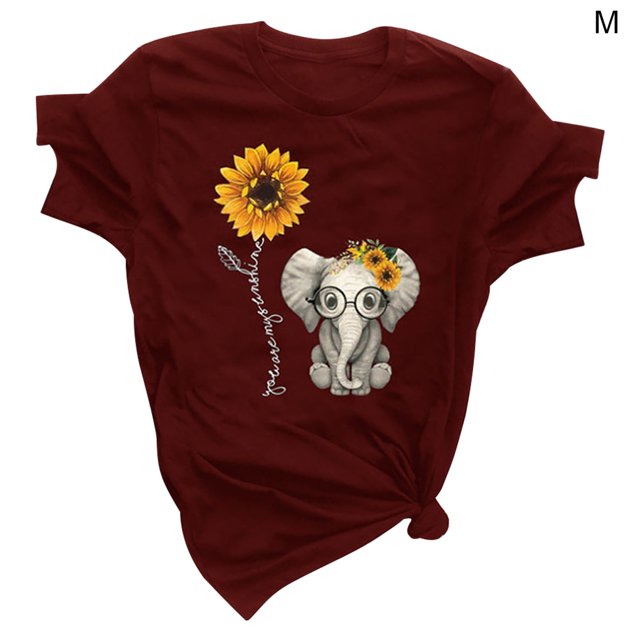 Camiseta de mujer Blusa de cuello redondo de manga corta con estampado de girasol, rojo vino, M tholdsy AP001988-26