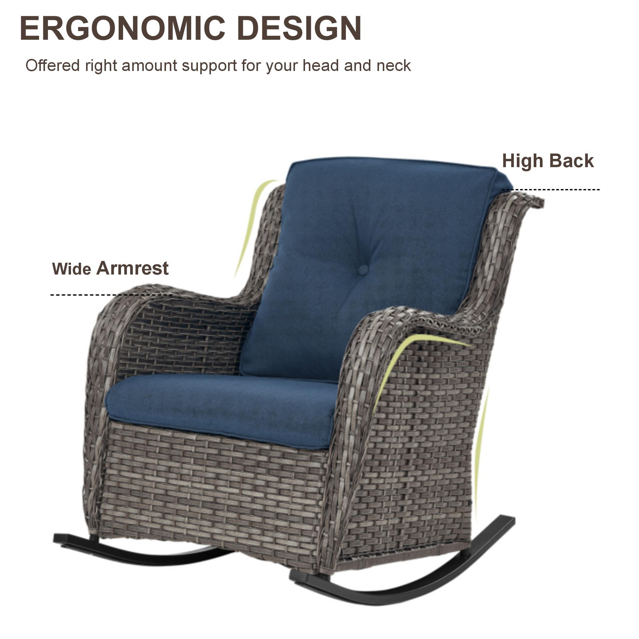 PARKWELL Outdoor Wicker Rocking Chair - 3 Piece Rattan Patio Bistro Set 2 Rocker Chairs and Glass Coffee Side Table - Set of 3 - Blue