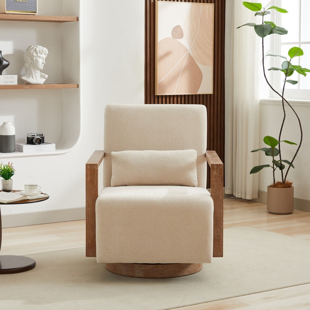 Swivel Accent Chair, 360 Degree Modern Upholstered Lounge Chair with Solid Wood Armrests, Linen Blend Fabric, Comfy Reading Chair for Living Room, Bedroom & Office, Beige