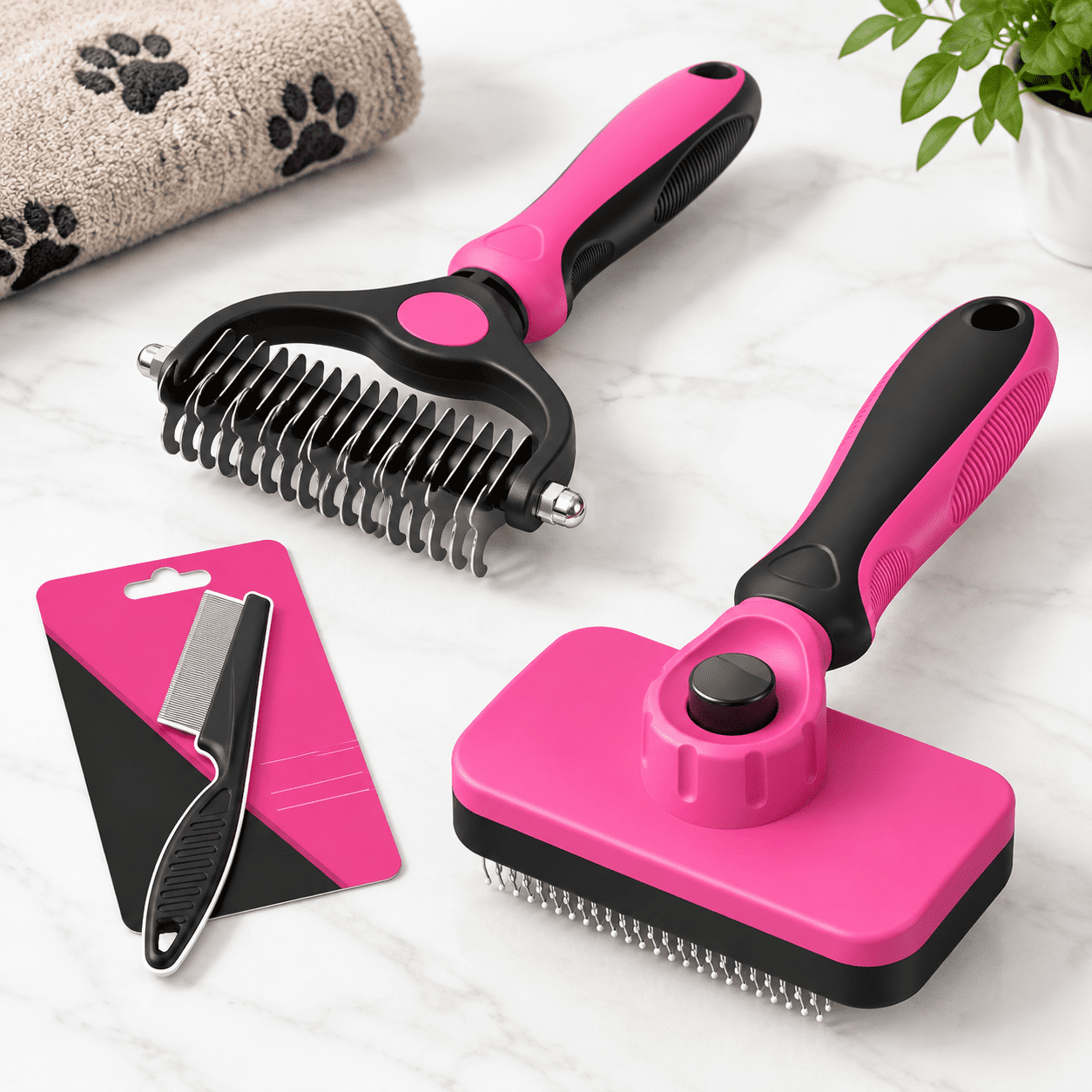 Red Double-Sided Dematting Deshedding Pet Brush 3-Piece Kit for Dogs Cats Horses