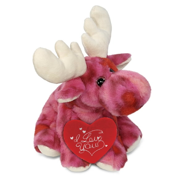 DolliBu I Love You Plush Super Soft Pink Tie-Dye Floppy Moose - Cute Stuffed Animal Moose with Red Heart Plush for Valentines, Anniversary, Romantic Date, Boyfriend, or Girlfriend Gift - 9 Inches