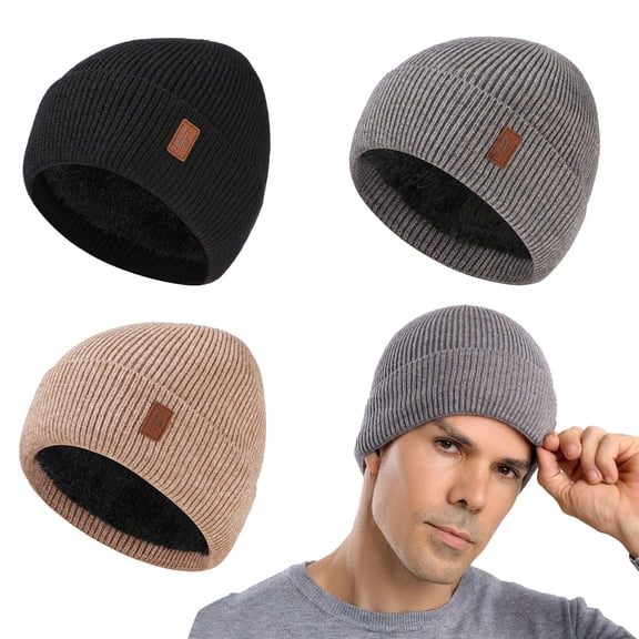 SUCUUI Mens Beanie Hats 3 Pack, Winter Hats for Men Women Warm Thermal Fleece Lined, Thick Knit Fashion Skull Cap for Guys