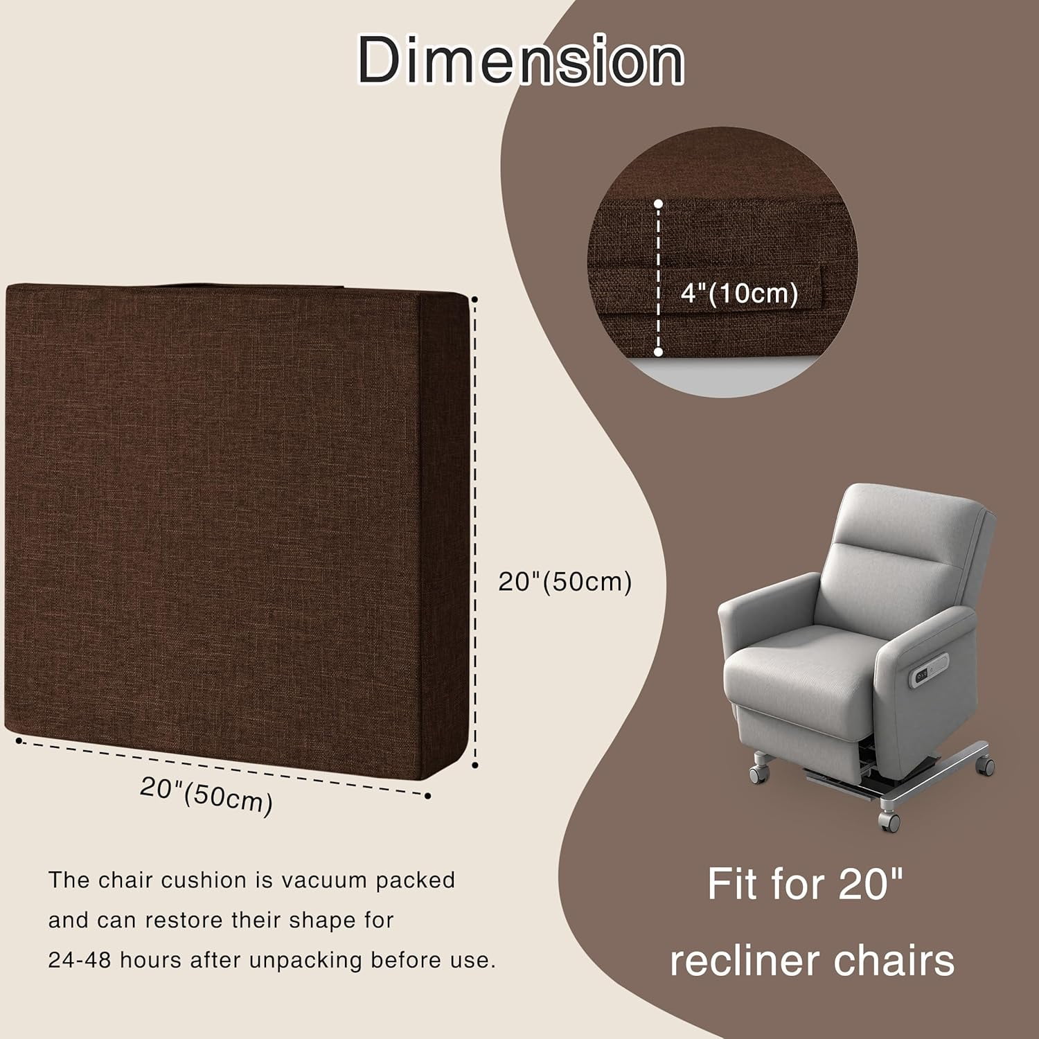 Recliner Cushions for Elderly 20"x20"x4" Thick Seat Cushion for Recliner Chair Large Square Non Slip Chair Pads with Washable Cover for Armchair Couch Coffee