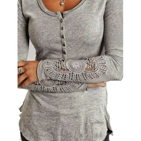 Lace Shoulder Button - Women Round Neck Button Long Sleeve Lace Hollow Out Embroidery Blouses