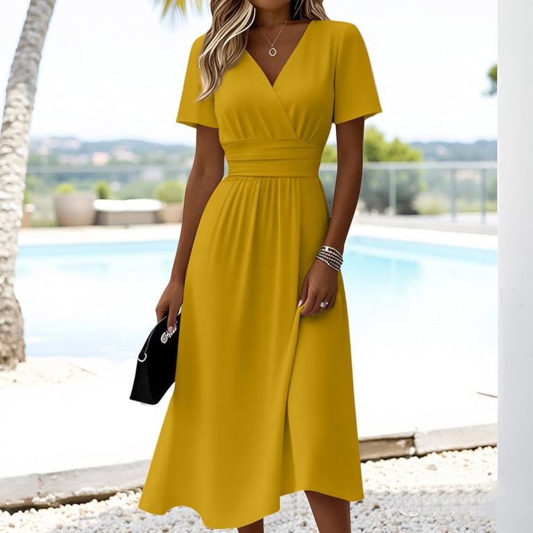 yellow tea party dress Pastel Yellow Tea Length Dress Square Neck Bridesmaid Wedding Garden Party Midi Summer Celebration