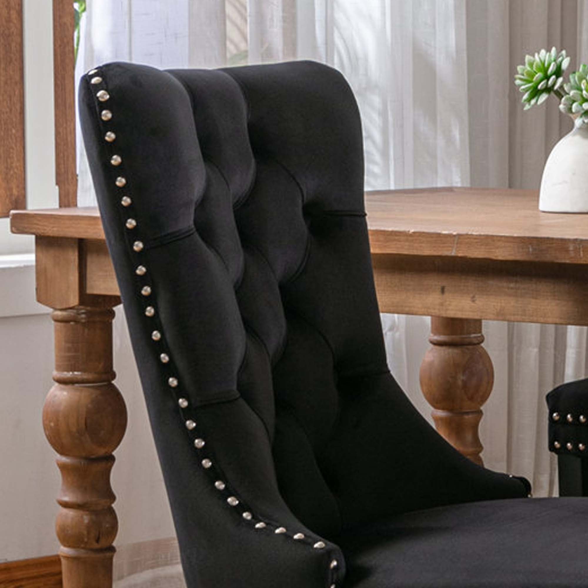 Aukfa High-End Upholstered Dining Chairs Set of 2, Modern Tufted Solid Wood Side Chair with Nailhead Trim - Black