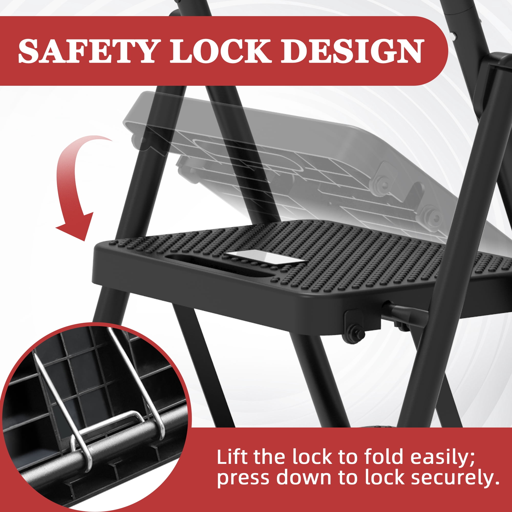 LevLad 3 Step Ladder with Tool Tray, 3 Step Stool with Safety Lock, Non-Skid Wide Steps, Household Folding Ladder for Home, Garden, Painting, Outdoor, Garage, Black