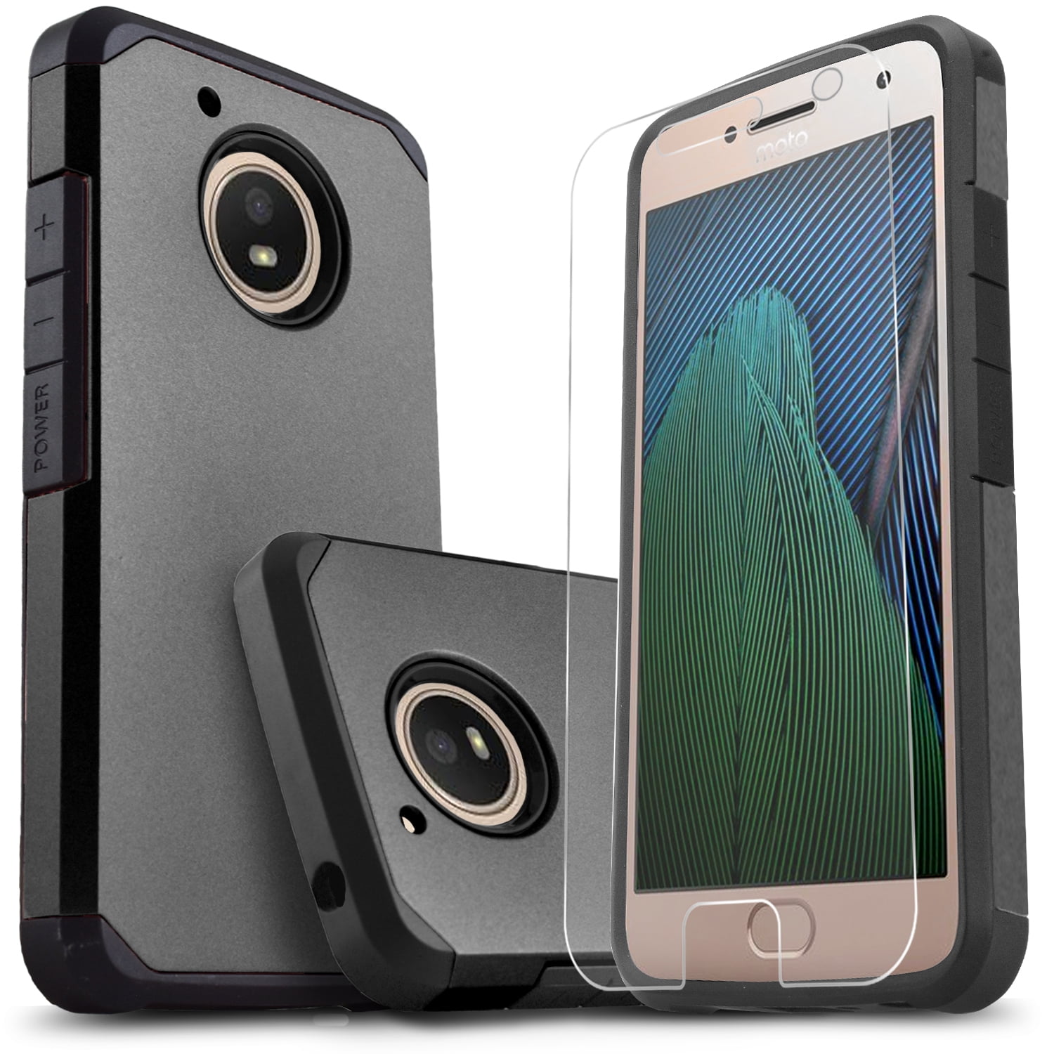 Timber Camo Moto E4 Plus Military Grade Certified Rugged Case - Accessory Bundle: Heavy Duty Bubble-Free Tempered Glass Screen Protector and Atom Cloth